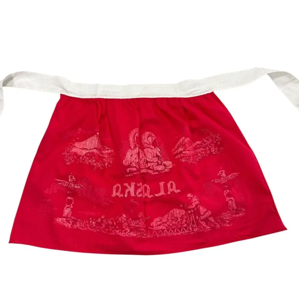 Vintage Alaska Souvenir Scenic Half Apron Kitschy Farmhouse Never Used Retro Red